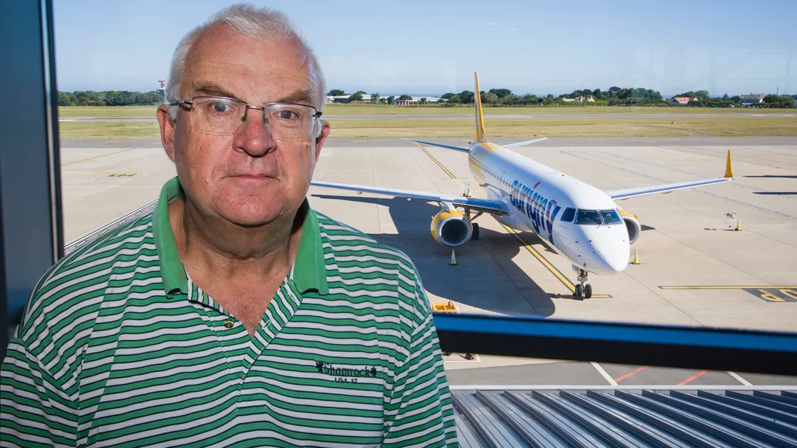 Aurigny CEO Mark Darby – behind him is the airline’s Embraer which has been used to fly a Formula One team around Europe and for the successful Isle of Man air bridge. (Picture by Sophie Rabey, 28527615)