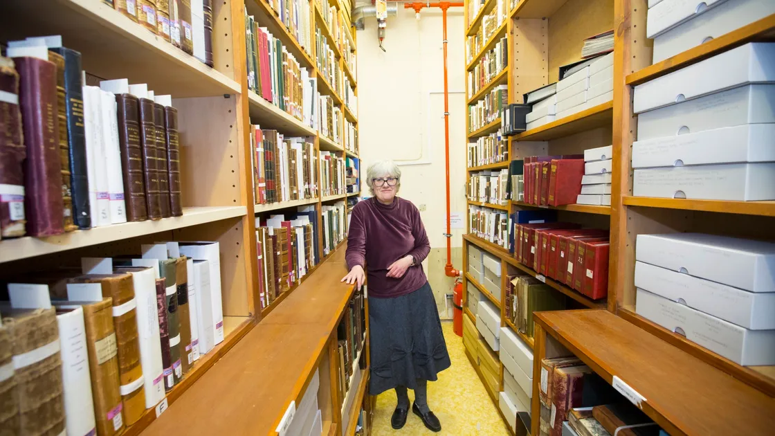 Chief librarian Sue Laker in the Priaulx’s small strongroom, which has been tidied and its contents put away in a fashion which will allow items to last. (Pictures by Adrian Miller, 29412252)