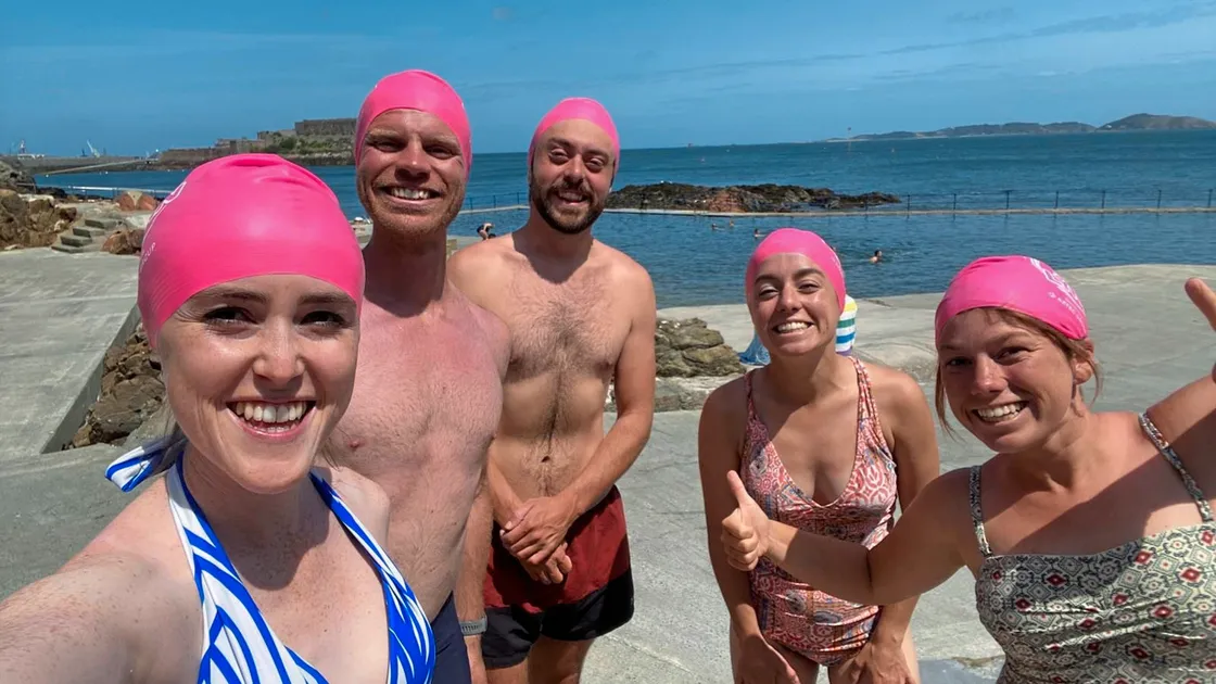 Swimmers organising the Swim for Lynn to raise funds for Guernsey Chest & Heart, from left, Kirsty Dempster, whose auntie Lynn Brookfield died in 2017 from an undetected heart condition, Mark Hughes, Jed Spree, Suzy Bott and Elise Bott. (34355735)