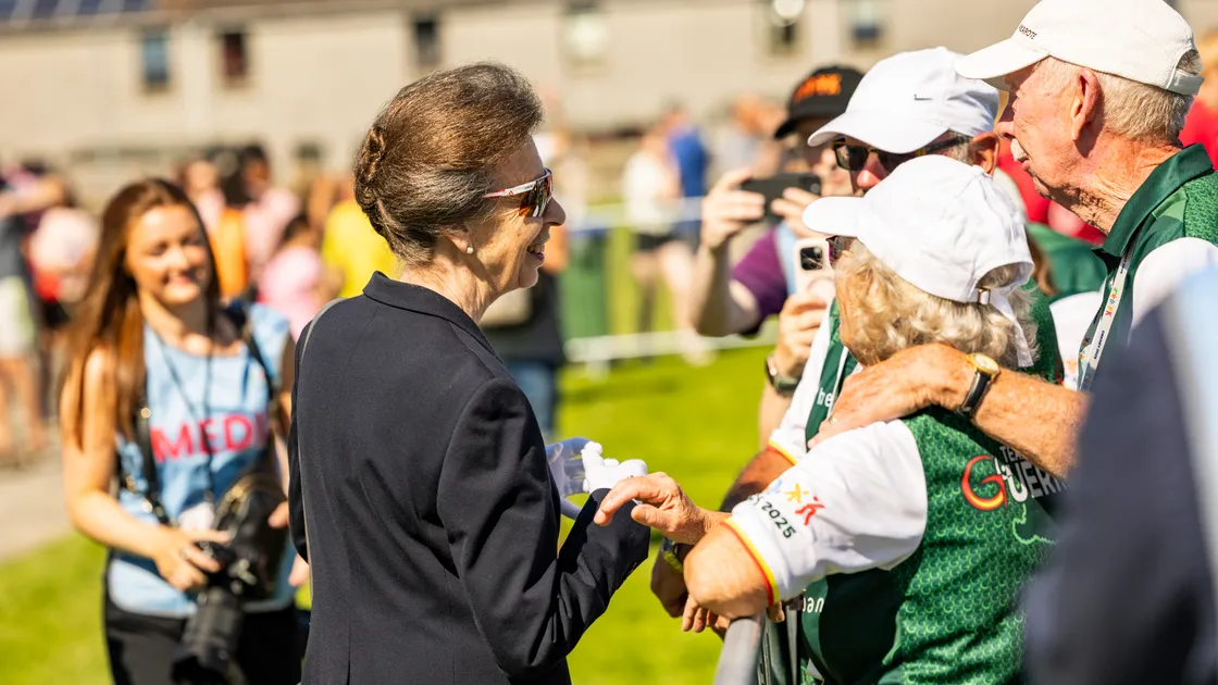 The Princess Royal speaking to Guernsey’s lawn bowlers ahead of the ceremony.