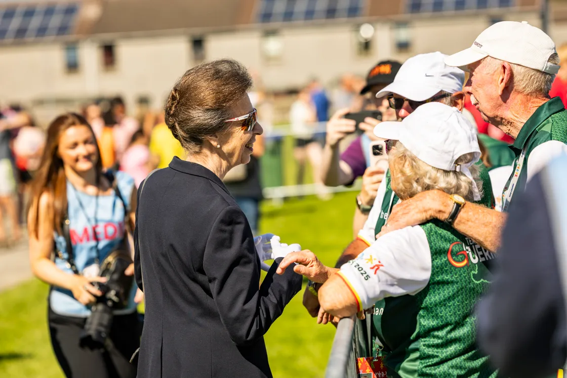 The Princess Royal speaking to Guernsey’s lawn bowlers ahead of the ceremony.