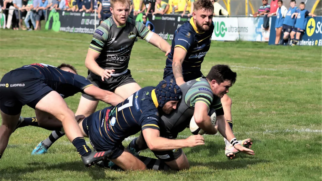 Owen Thomas goes over for a Raiders try. (Picture by Mike Marshall, 29954747)