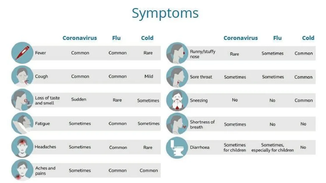 Symptoms for Coronavirus, flu and colds. Graphic by Public Health. (28794986)