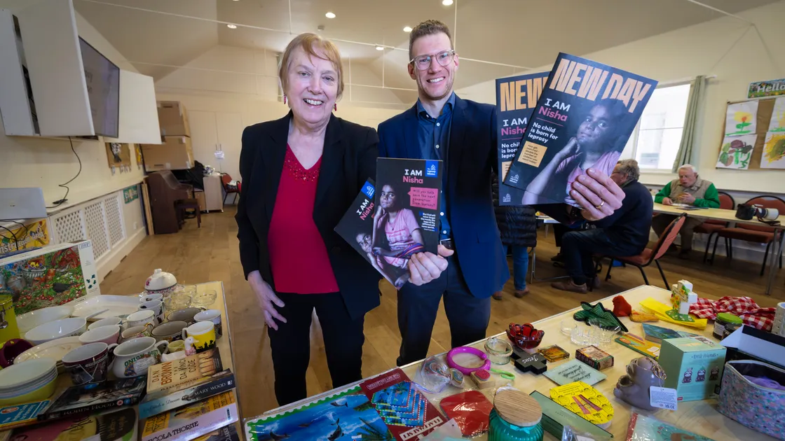 Margaret Scarlett, left, organised the leprosy charity tea party held at Vazon Elim Church on Saturday. With her is Chris Stratta from the Leprosy Mission.