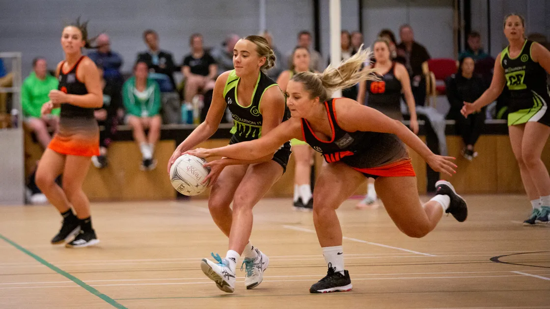 Harriet Savident takes possession of the ball for Rezzers under pressure from Jaymee-Leigh Weysom. (Picture by Luke Le Prevost, 31312729)