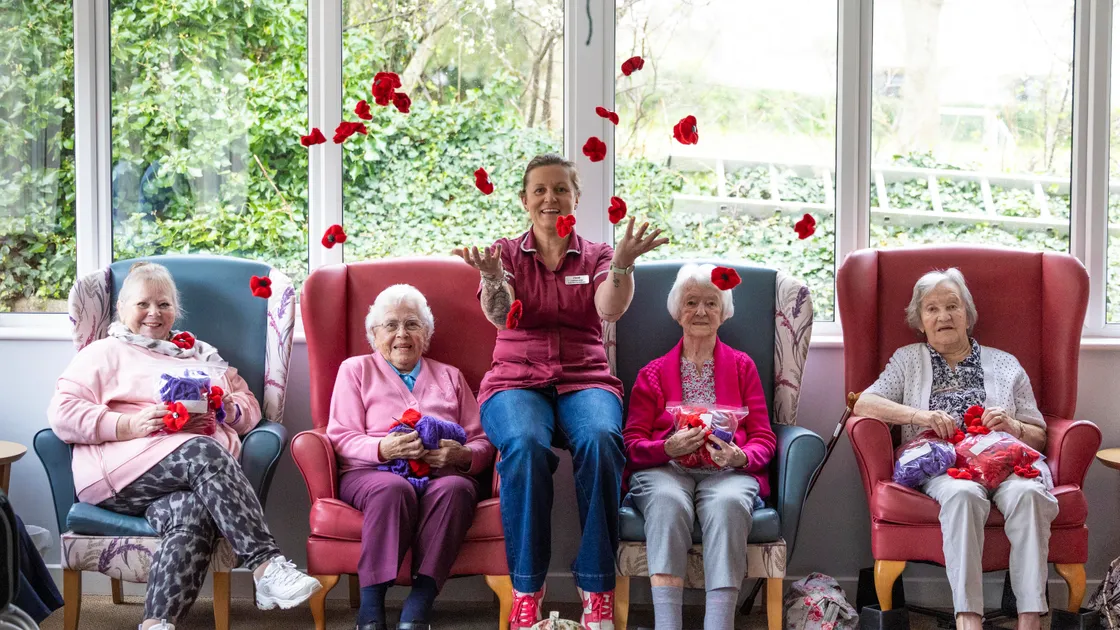 Residents of Gardenia Lodge in the Vale are knitting 1,000 poppies ready for November. Pictured left to right, are knitters Marilyn Bougourd, Marilyn’s mum Beryl Cox, activities co-ordinator Heidi Clayton, Dot Kelling and Molly Le Sauvage, who are joined by Dot’s daughter, Karen, and Molly’s daughter, Anette, who were not available for the picture.   (Picture by Peter Frankland, 34688130)