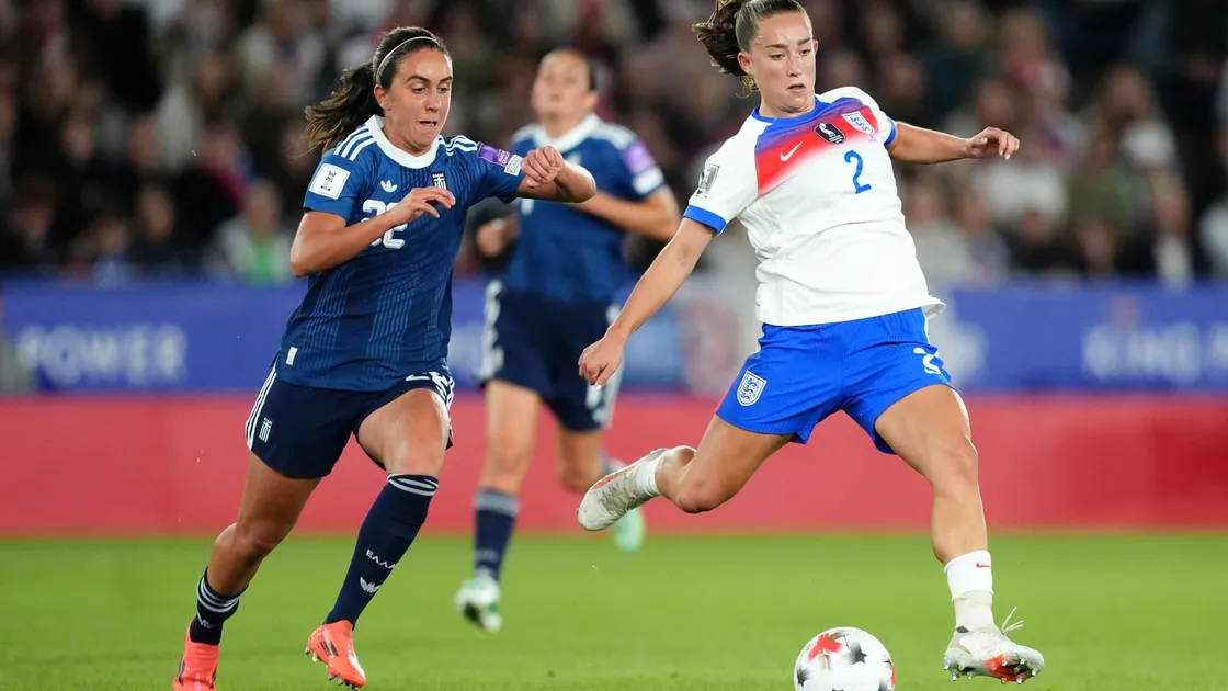 Maya Le Tissier passes the ball to Lauren James as the Guernsey star gets the assist for England's second goal against Greece on Tuesday at the King Power Stadium, Leicester.