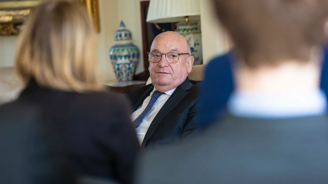 Retired senior RAF Air Chief Marshal, Lord Stuart Peach, speaking to sixth form students at Government House.