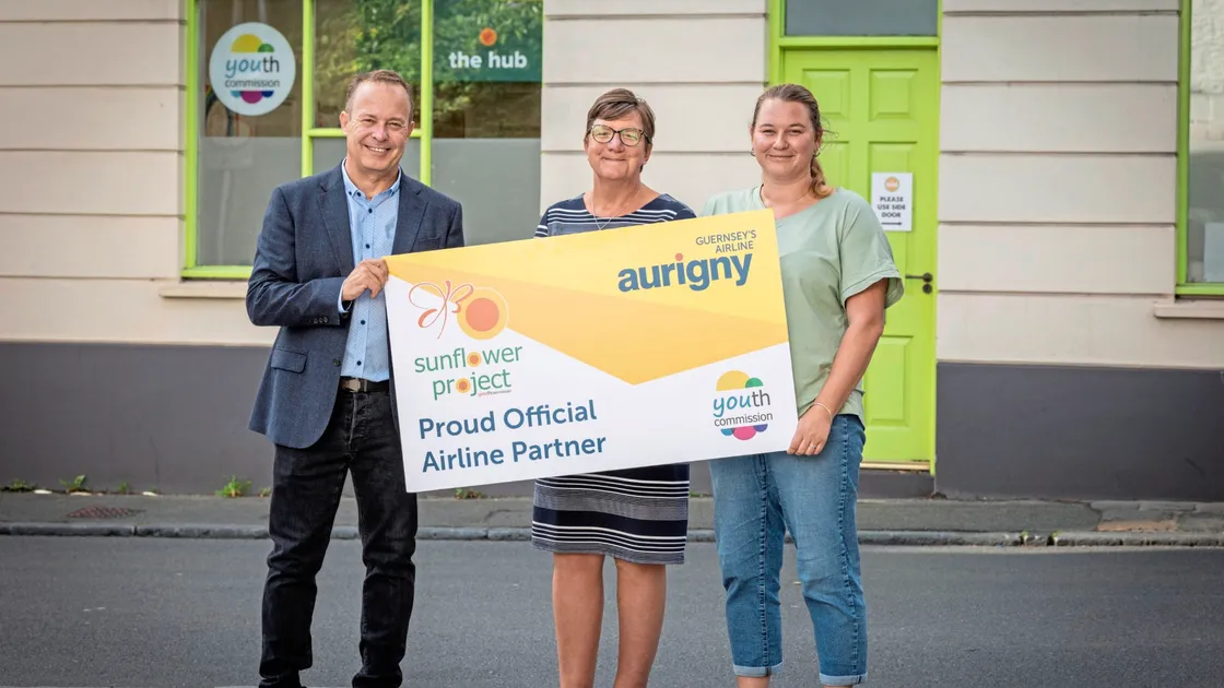 Aurigny CEO Nico Bezuidenhout with Youth Commission CEO Louise Leale and Sunflower Project support worker Annie Lavenne, right