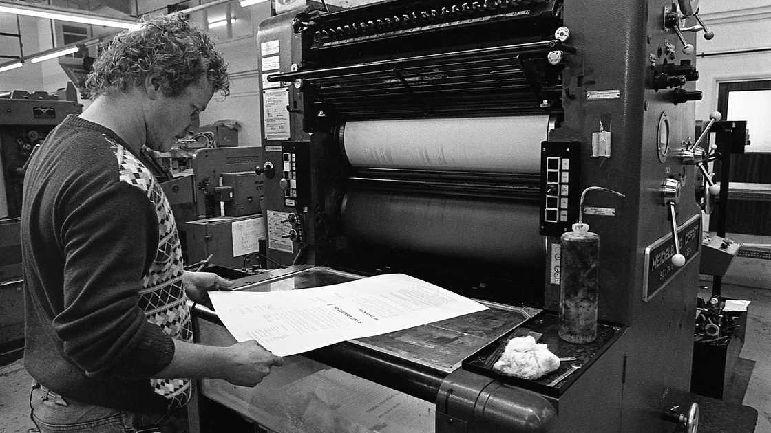 Henry Thorn examines the first of the 1981 census forms to roll off the presses at the Guernsey Press works, Braye Road Industrial Estate.