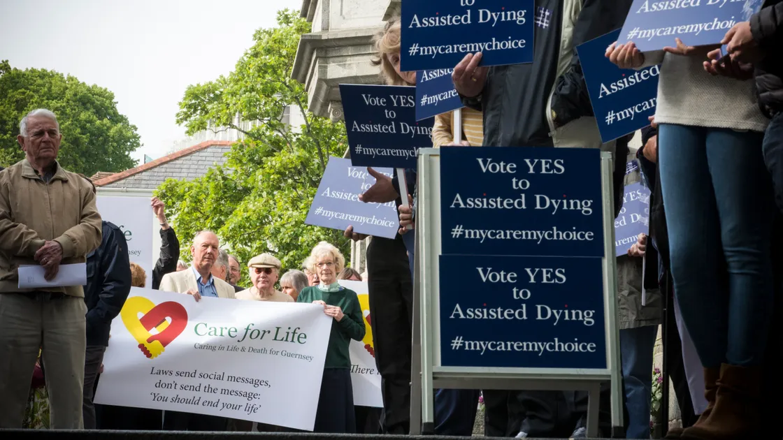 Islanders outside the Royal Court during the assisted dying States debate in 2018. 			 (Picture by Peter Frankland, 34783547)