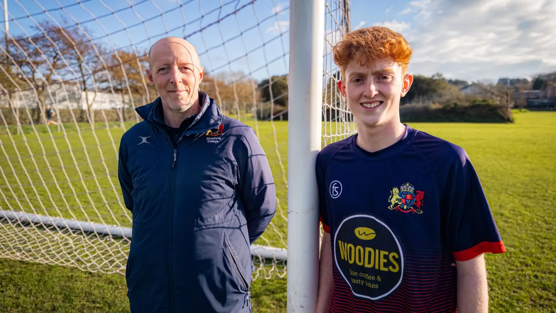Elizabeth College head of football Chris du Feu and first XI captain Jack Becker ahead of their Guernsey FA Cup quarter-final against CF Indies.