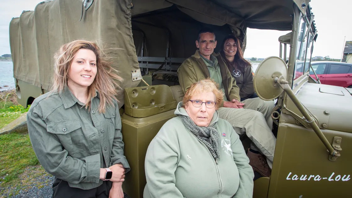 Picture by Sophie Rabey.  04-05-20.  Guernsey Military Vehicle Group have had to change their plans that they had in place for the 75th Liberation Day here this year because of Coronavirus Lockdown.  Instead of the usual cavalcade they will be posting videos on their social media throughout the day to show islanders some of their members military vehicles.  Dyer family, L-R Sophie, Tracie, Stuart and Laura.. (28240594)