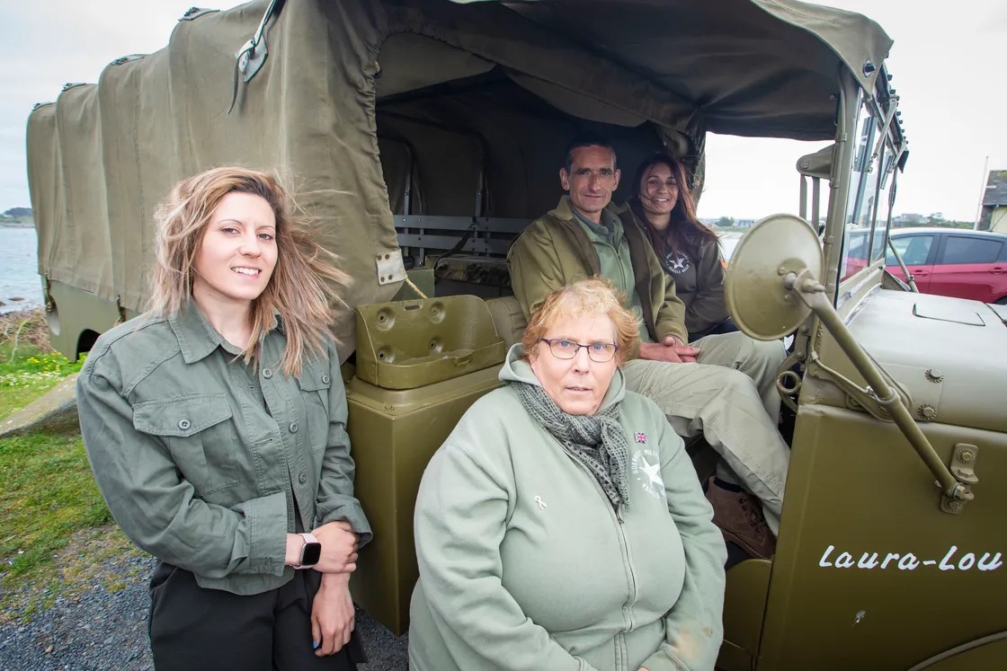 Picture by Sophie Rabey.  04-05-20.  Guernsey Military Vehicle Group have had to change their plans that they had in place for the 75th Liberation Day here this year because of Coronavirus Lockdown.  Instead of the usual cavalcade they will be posting videos on their social media throughout the day to show islanders some of their members military vehicles.  Dyer family, L-R Sophie, Tracie, Stuart and Laura.. (28240594)