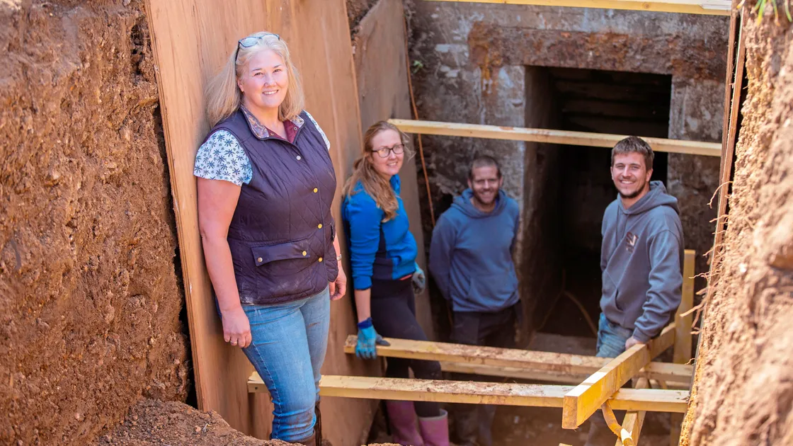 Shaun and Carrie Tullier discovered a German bunker underneath their newly brought house. Left to right, Karen Morpeth (whose parents built the house), Carrie Tullier, Ryan De Jersey (digger operator) and Shaun Tullier. (Pictures by Luke Le Prevost, 30656019)