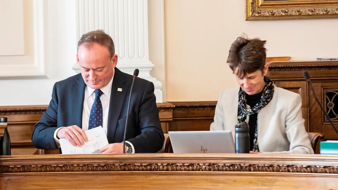 P&R president Lyndon Trott and vice-president Heidi Soulsby’s funding plan for Les Ozouets found support in the States on Wednesday. (Picture by Sophie Rabey, 32909804)