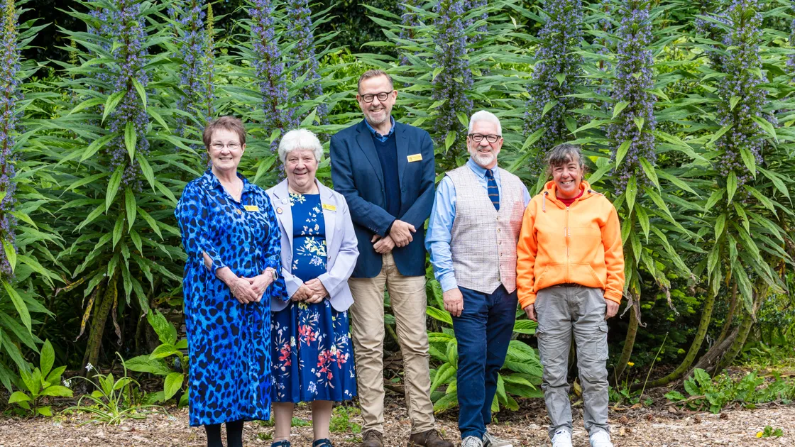 Left to right: Queen’s nurses and National Garden Scheme committee members Alison Carney and Ellie Phillips, Dr Richard Claxton, Les Rocquettes operations manager Calum Le Noury, and head gardener Claire Blondin. 