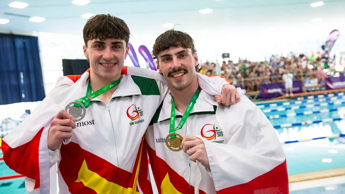 Island Games multi-medallists, brothers Ronny, left, and Charlie-Joe Hallett have paid tribute to Guernsey Swimming Club legend Jo Norman, right, who helped shape their careers.