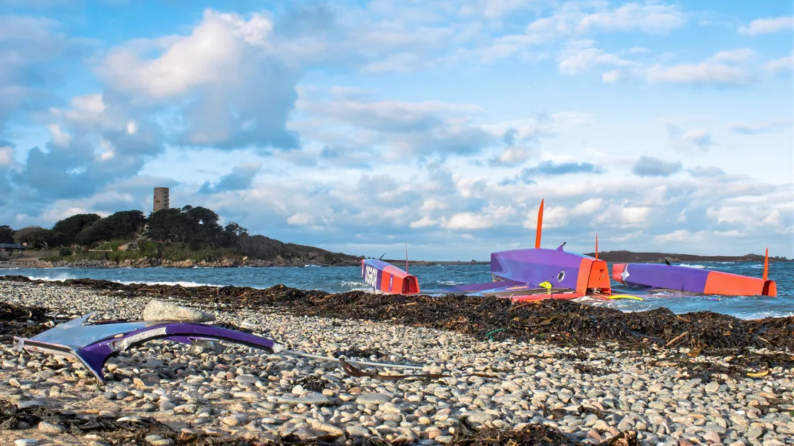 The 15m trimaran Koesio washed ashore at Perelle after capsizing about three miles north-west of the island