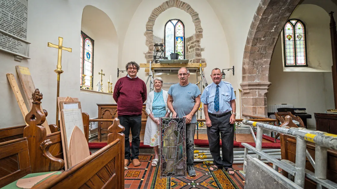 Left to right, Rev Adrian Datta, church member Nancy Smith, Peter Vivian from Guernsey Glasscraft, and people’s churchwarden Keith Bienvenu