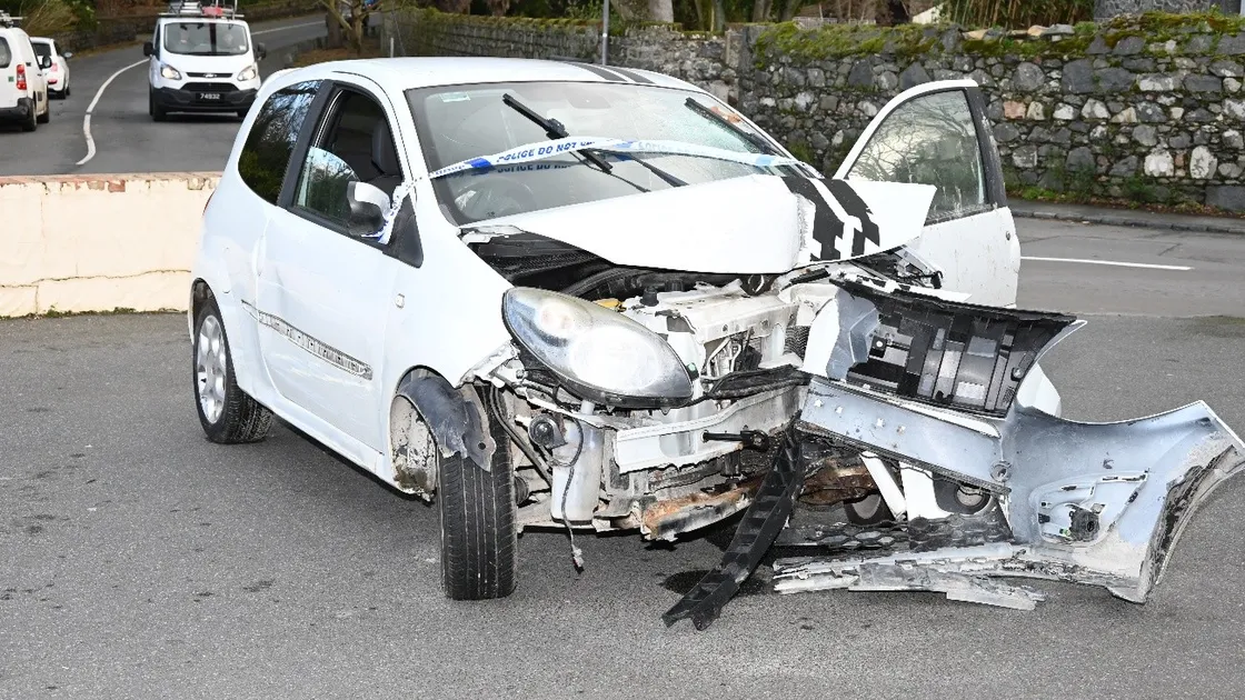 James Rowley’s extensively damaged car following the crash in the Rohais de Bas. 		