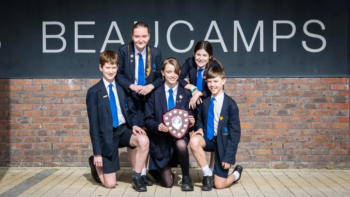 Les Beaucamp High School’s winning Year 8 team. Left to right, kneeling: Ethan Cullwick, Orla Chilton and Will Curtis. Standing: Evie Collis and Elvie Lawson. The sixth member of the team, Freya Fuller, was unavailable for the photograph