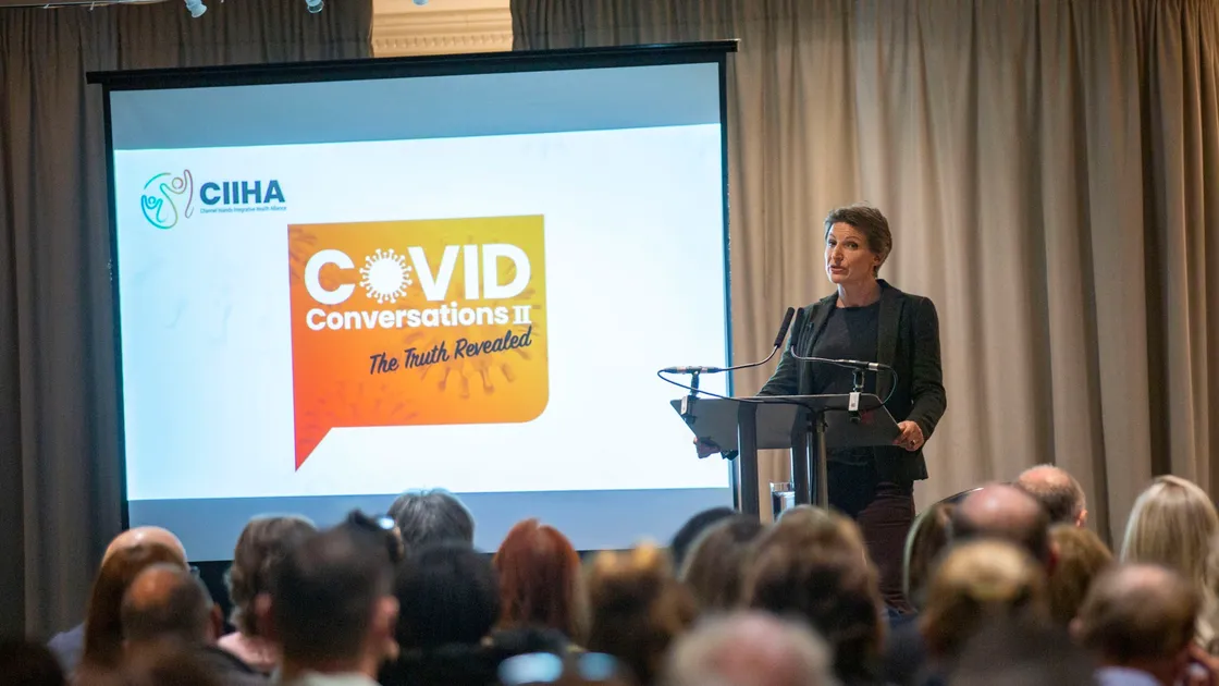  Organiser Laura Anderson speaking at the second Covid Conversations at St Pierre Park Hotel. (Picture by Sophie Rabey, 30200077)