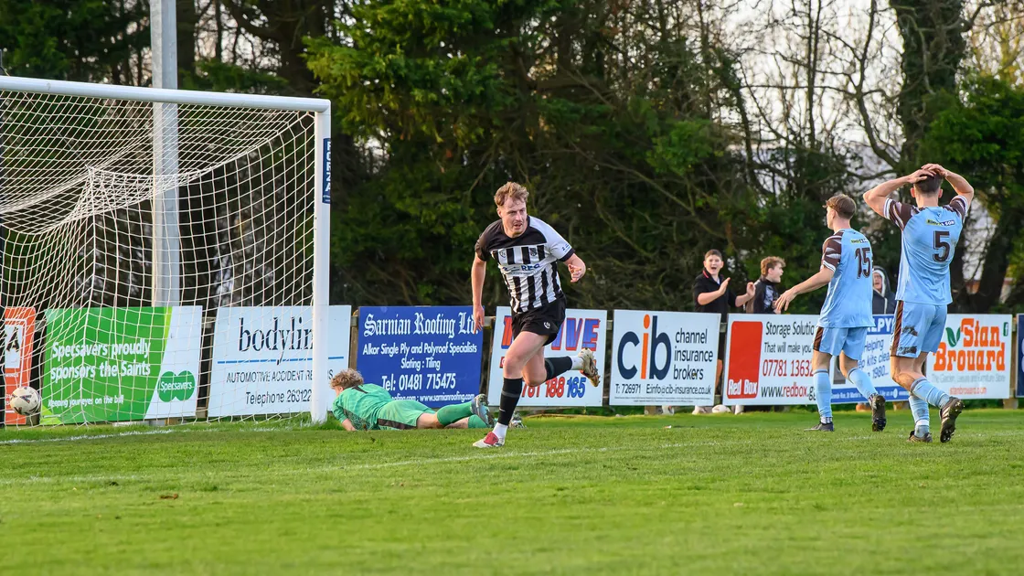 Louis Hunter reels away after finding the back of the net to beat Priaulx League leaders North at Blanche Pierre Lane