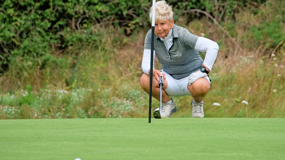 Di Aitchison lines up a putt on her way to the senior women's title. (Picture by Gareth Le Prevost, 33439000)