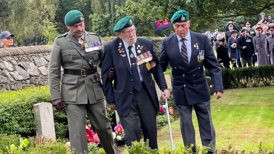 Former Royal Marine John Eskdale, 102, laid a wreath on the grave of his fellow marine Clifford Roberts at yesterday’s HMS Charybdis and HMS Limbourne memorial service at the Foulon Cemetery.