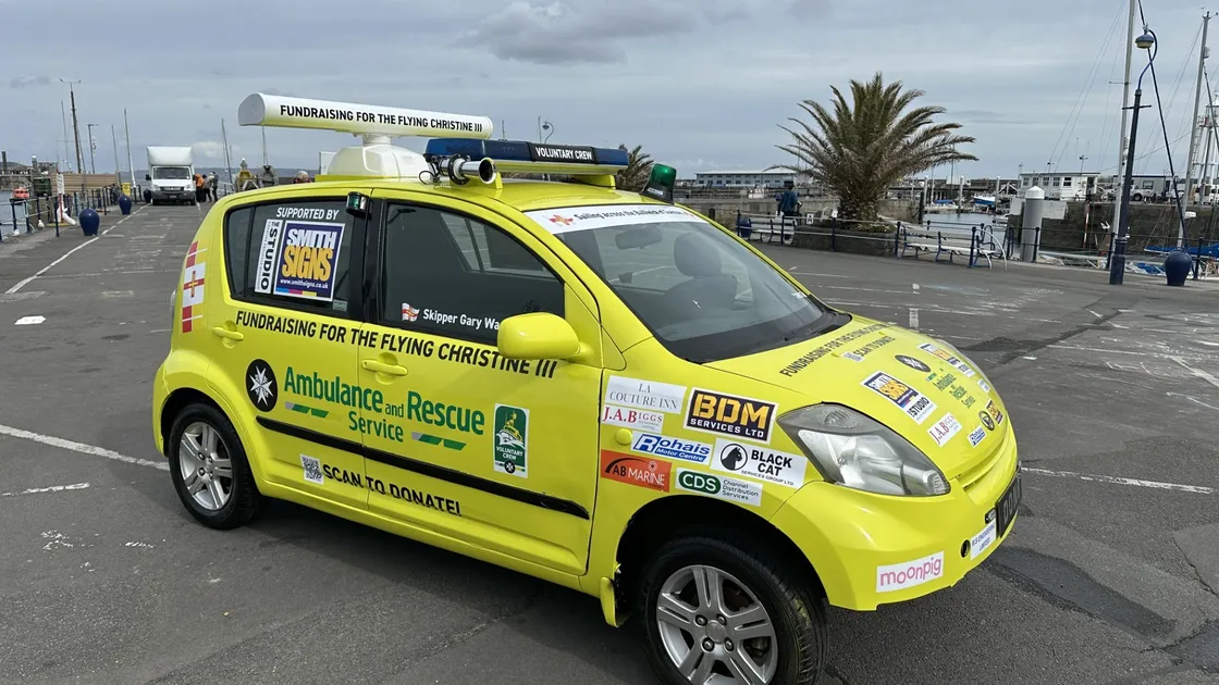 The Flying Christine fundraiser challenge will see two marine ambulance volunteers drive this bright yellow floating Daihatsu across the Little Russel from Guernsey to Herm and Sark later this year. The car will be on display at La Couture Inn tomorrow. 	 (34779377)