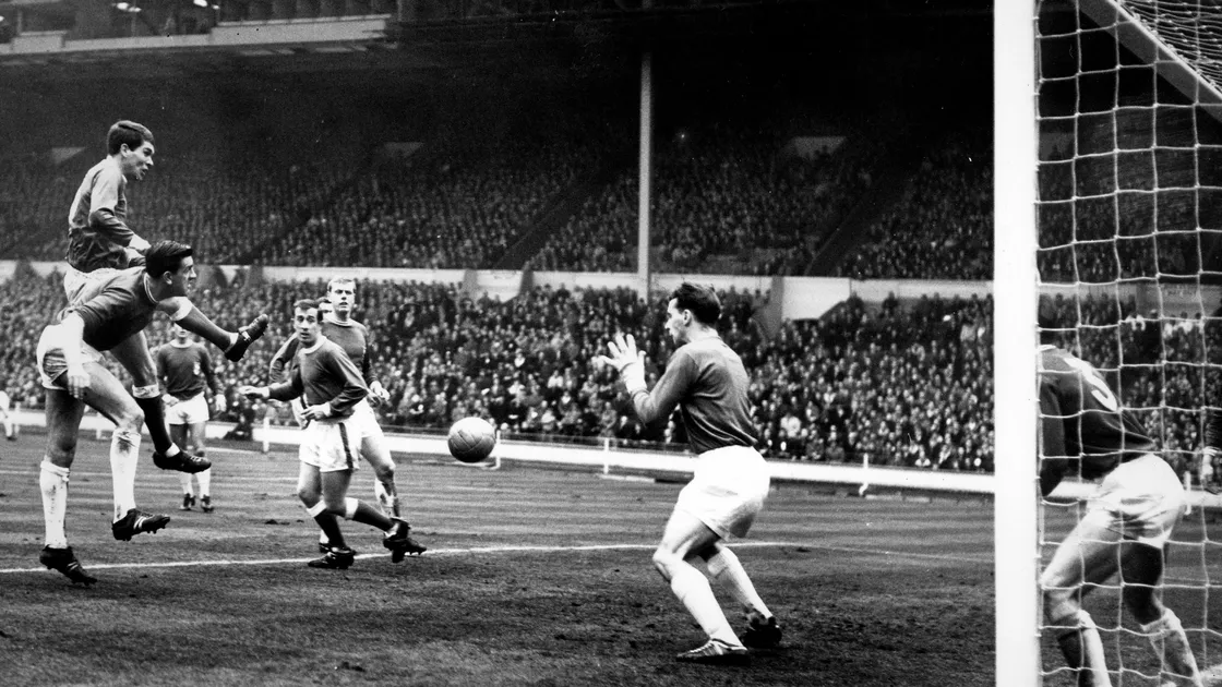 Jim Cooley wins an aerial ball in the 1966 FA Amateur Cup final