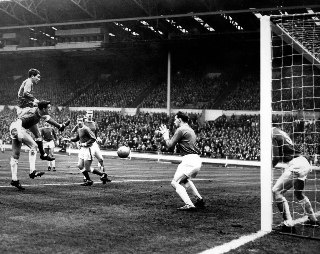 Jim Cooley wins an aerial ball in the 1966 FA Amateur Cup final