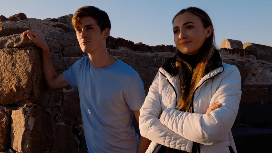 Cameron Ashplant and his co-star, former EastEnders star Tilly Keeper, in a scene from Marooned Awakening.