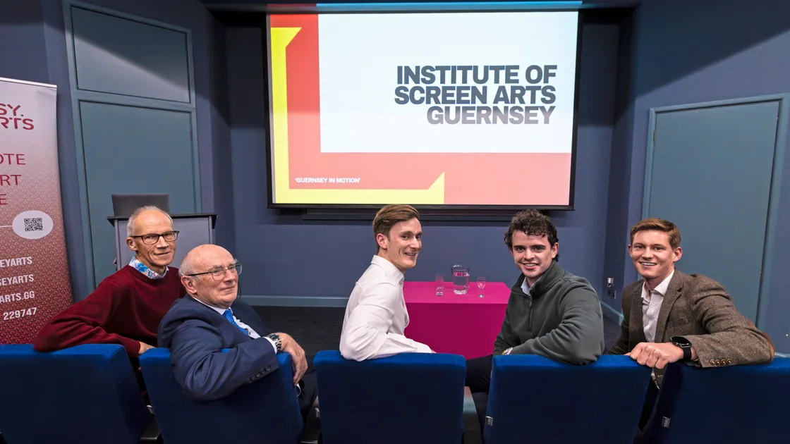 Pictured at the soft launch of the new Institute of Screen Arts Guernsey at Candie Theatre. Left to right: Stephen Collas, Stephen Ainsworth, Cameron Ashplant, Jonathan Allaway and Brandon Ashplant