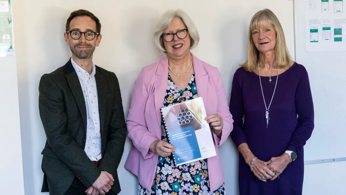 Dr Simon Sebire from the Health Improvement Commission, Dr Nicola Brink and HIC’s Andrea Nightingale with the new Combined Substance Use Strategy report for 2027-2032.