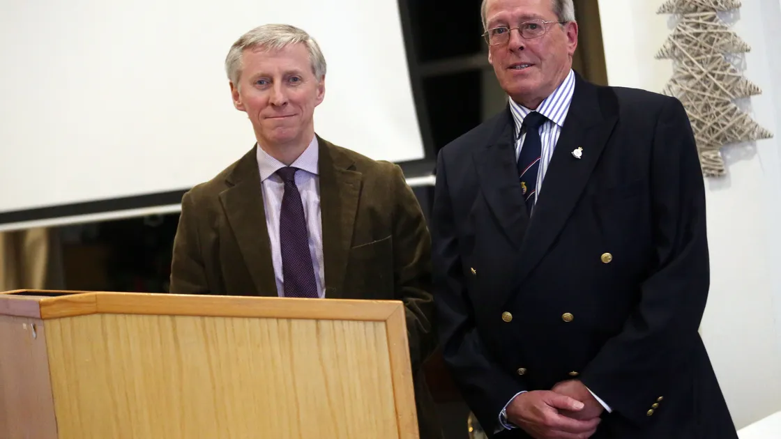 The then Lt-Governor, Vice-Admiral Sir Ian Corder, left, in 2016 when he spoke at a WEA event on his time in the UK Submarine fleet, with Kevin O’Kane who also gave a talk about working in NAAFI. (Picture by Guernsey Press, 31026985)
