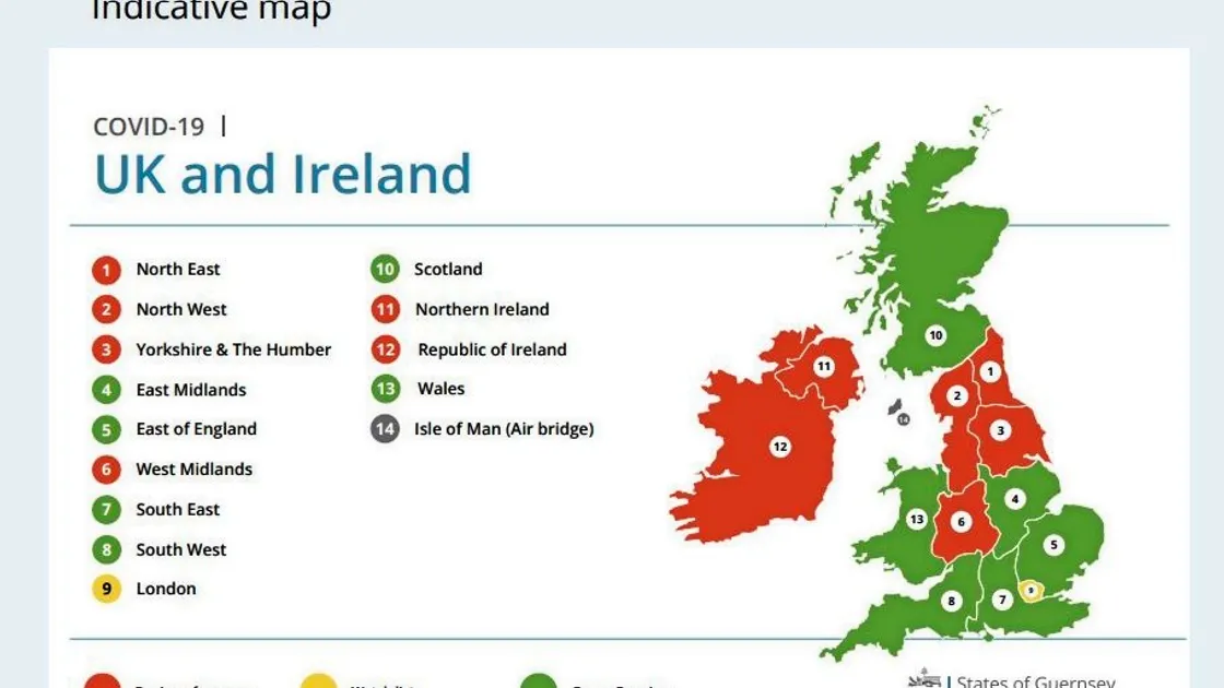 The UK's regional classifications as set out by Public Health Services yesterday. (Infographic by States of Guernsey.)
