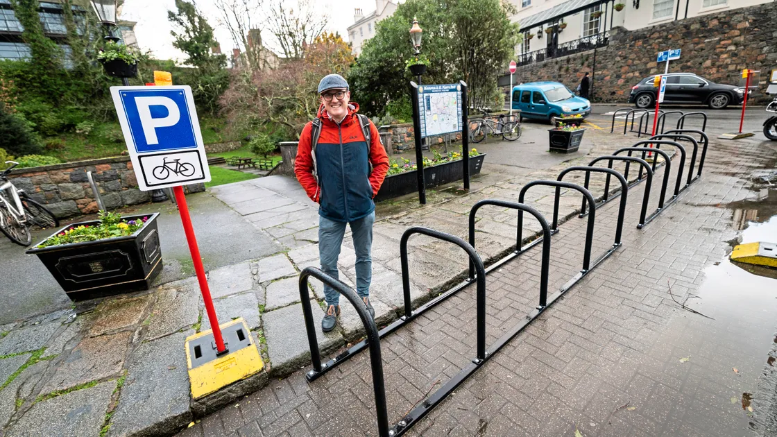 Guernsey Bicycle Group secretary Rob Wills next to the new racks by the Sunken Gardens in Town. (Picture by Sophie Rabey, 33987593)