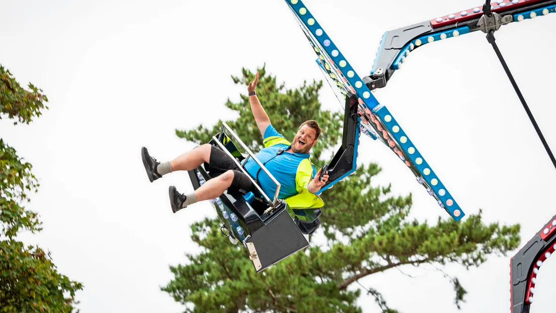 North Show vice-president and show manager Josh Cotran-Gabriel has a go on one of the rides at Saumarez Park