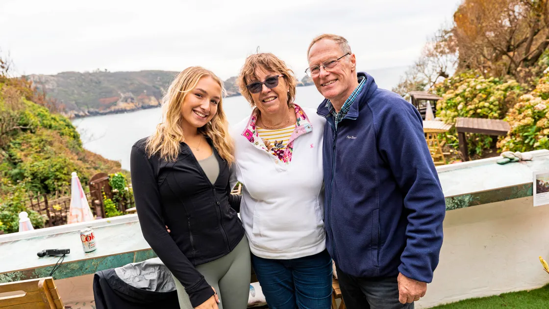 Mia Gellender, left, and her grandparents Anne and Richard Clayton at Moulin Huet during their ‘Miles for Meaning’ charity walk