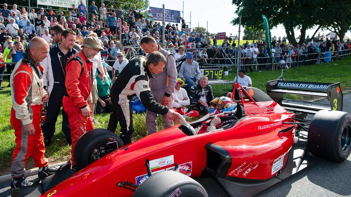 No time for the National: The GMC&CC organised rounds of the British Hillclimb championship won't be going ahead in 2020. A year ago drivers lined up to congratulate visiting round winner Wallace Menzies. (Picture by Andrew Le Poidevin, www.tallpictures.com, 28328262)