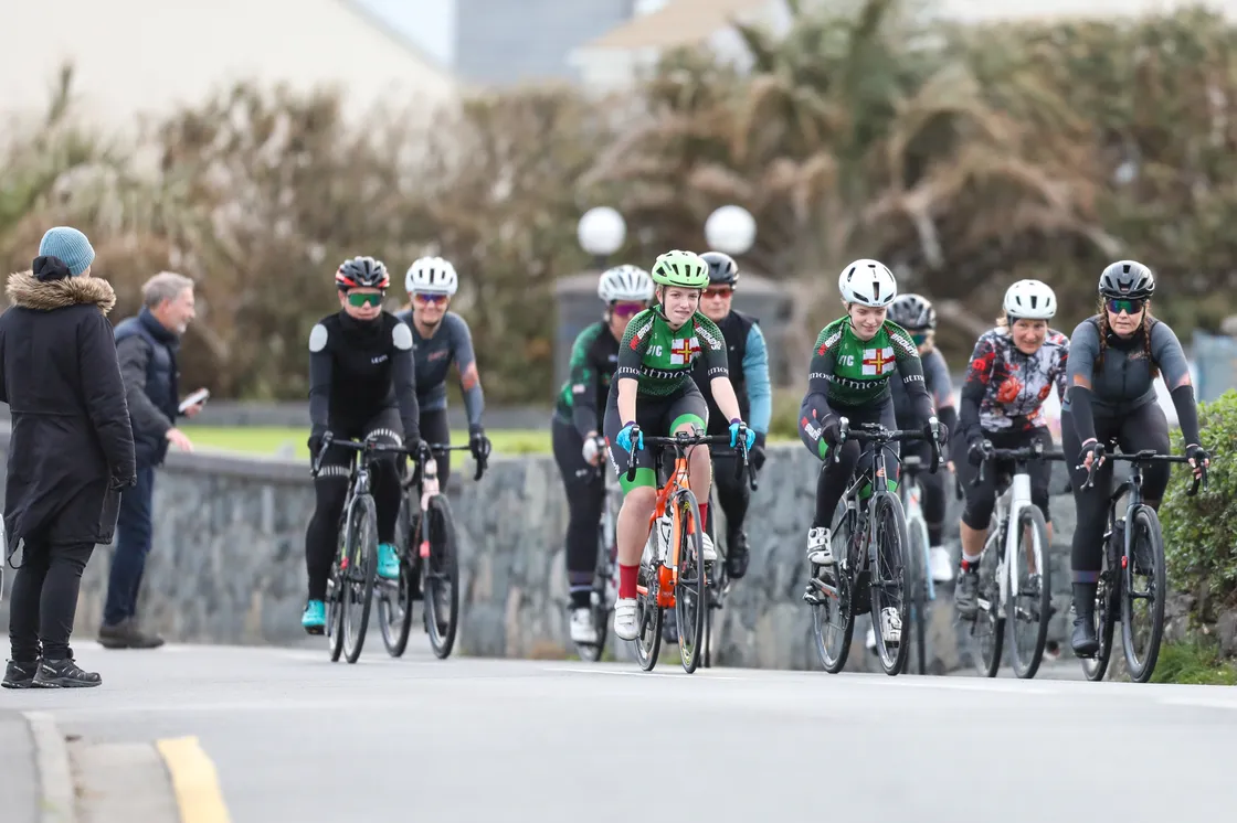 The women's novice riders prepare to get under way.