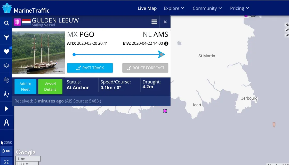 Screen Shot on 22 April at 10.53am of the Gulden Leeuw anchored near Icart.  (28100969)