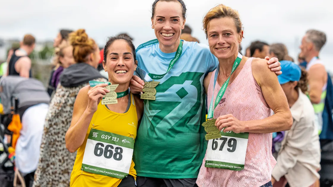 The women’s podium finishers. Left to right: Vanessa King, Nat Whitty and Ulrike Maisch