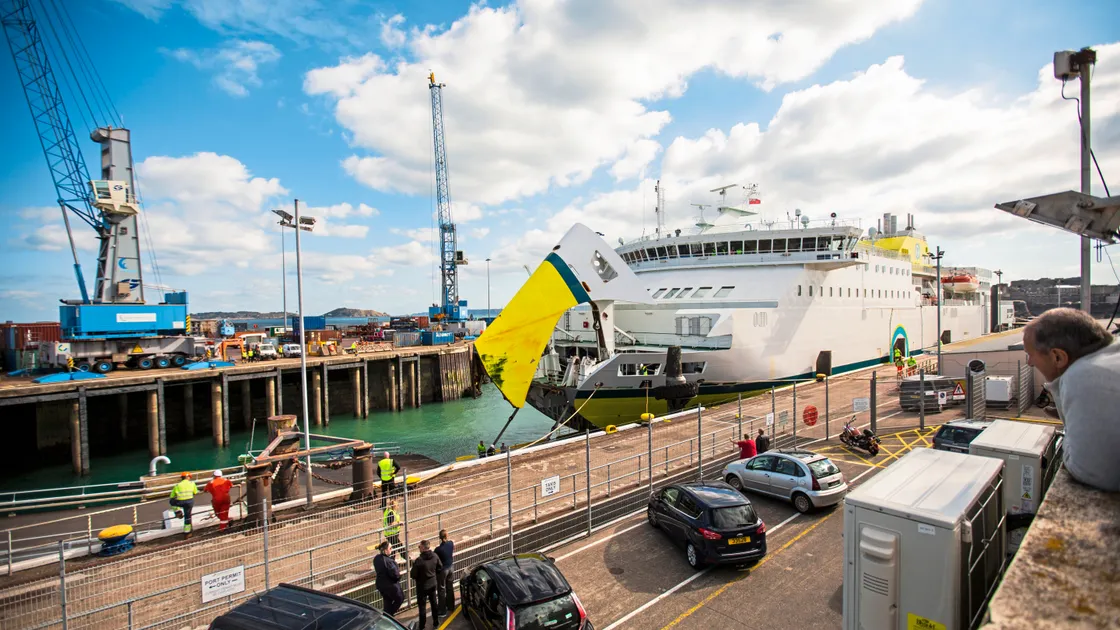 Danish ferry company DFDS’ vessel ‘Seven Sisters’ arriving in St Peter Port harbour this afternoon to complete a berthing trial. (Picture by Sophie Rabey, 33655886)