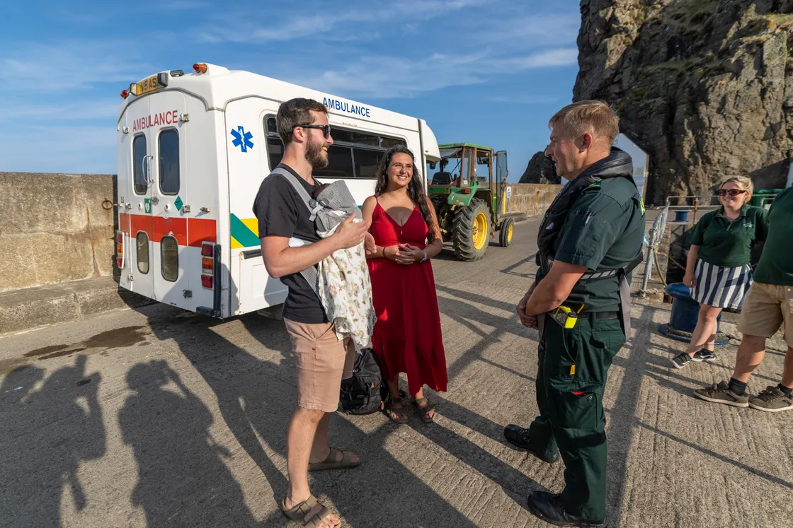 Jake and Kyla Magell speak with paramedic Jim Cathcart upon his return visit to Sark.