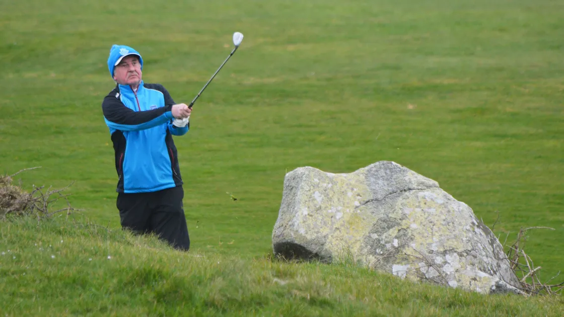 L'Ancresse GC captain Alan Mahy playing in the one competition to have been played so far this season, the Louis |Goubert Trophy. (Picture by Gareth Le Prevost, 28121379)