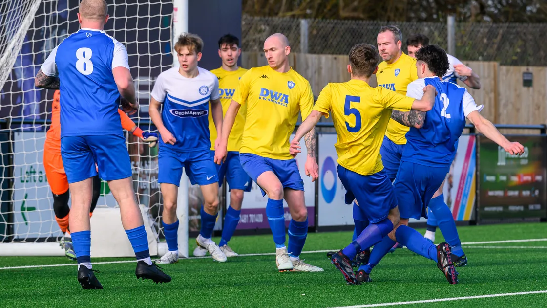 Rovers No 2 Ryan Tough makes his presence felt in a crowded penalty area as he scores against Bels on Saturday at Victoria Park