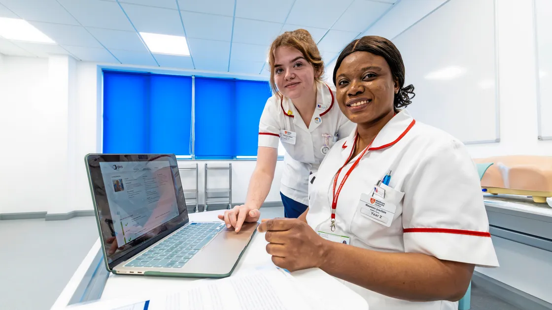 Charlotte Fallaize, left, and Maureen Joachim, nursing students using AI